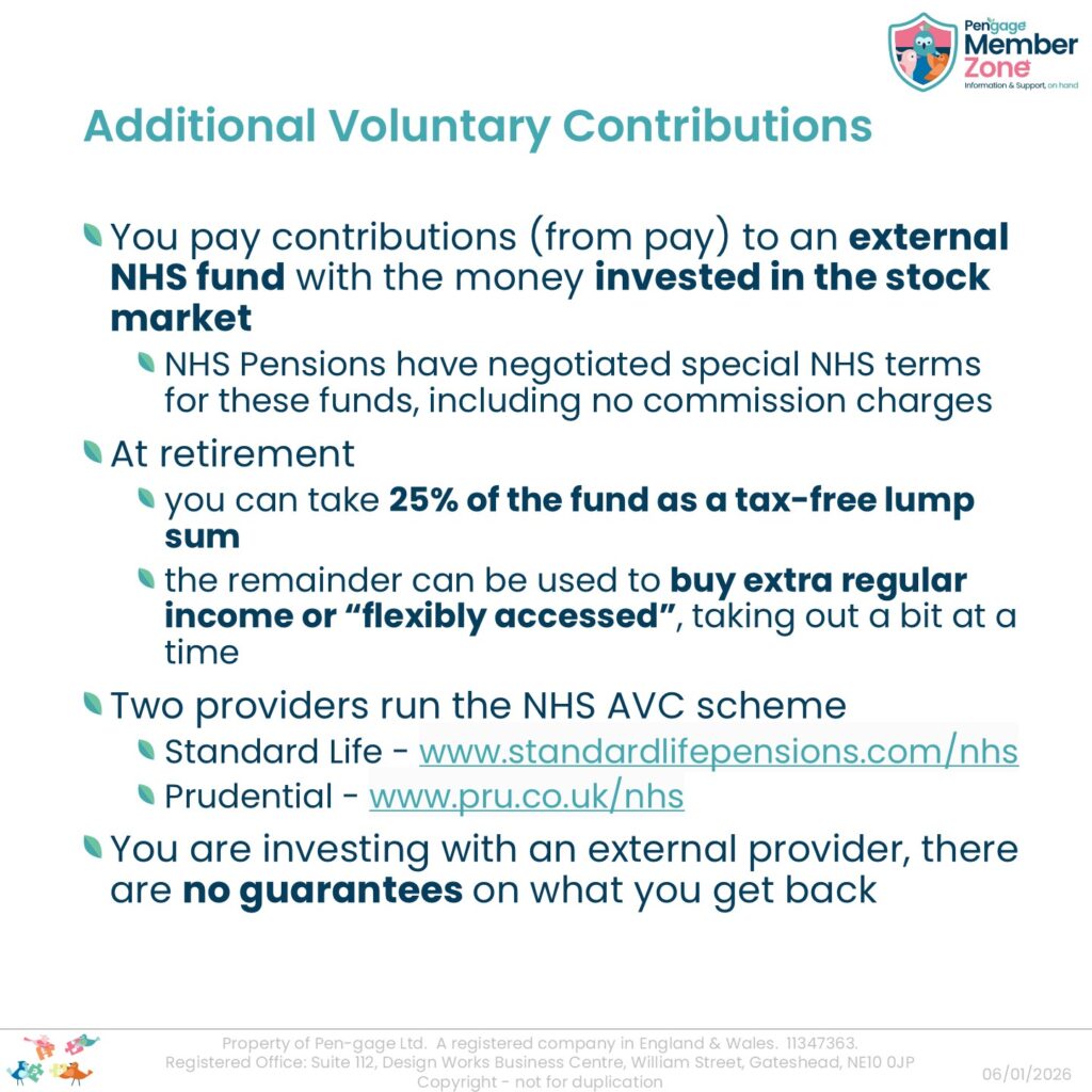 image showing bullet point summary of AVC - invested in stock market, can take 25% tax free etc