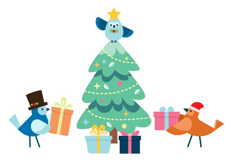 Pengage birds around a Christmas Tree with presents